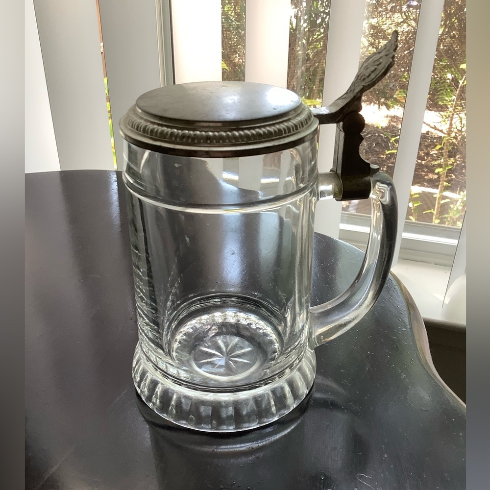 Vintage Heavy Clear Glass Beer Stein With Pewter Lid
